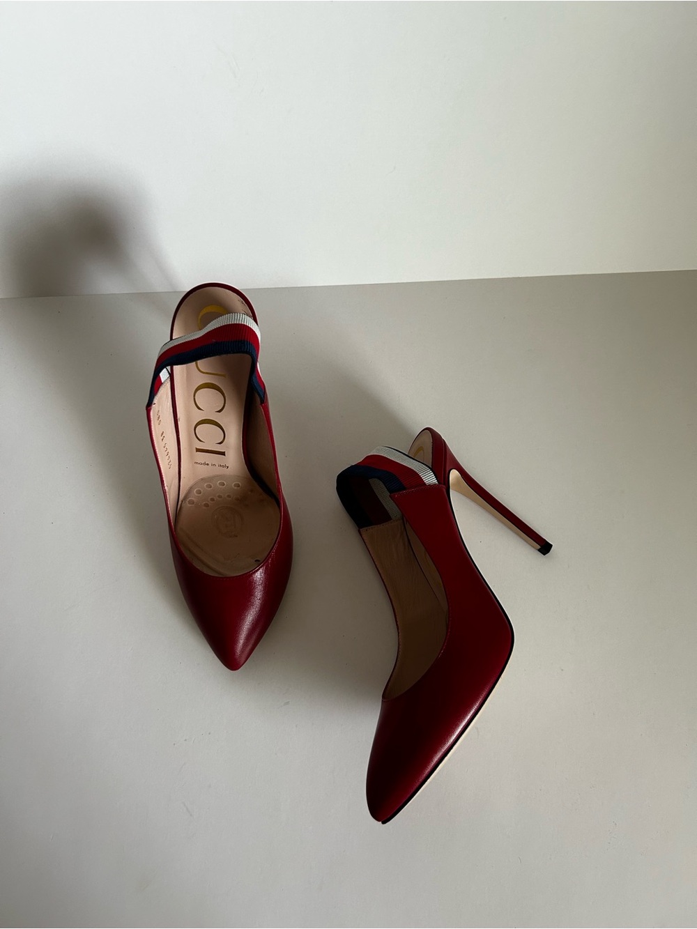 Gucci Cherry Red Leather Slingback Pumps with Web Stripe